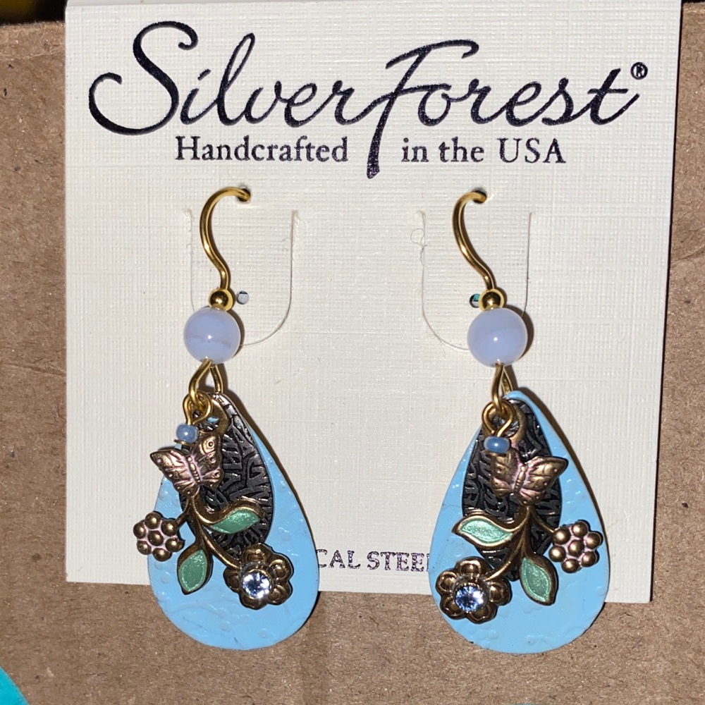 Silver Forest Light Blue and Gold Floral Earrings